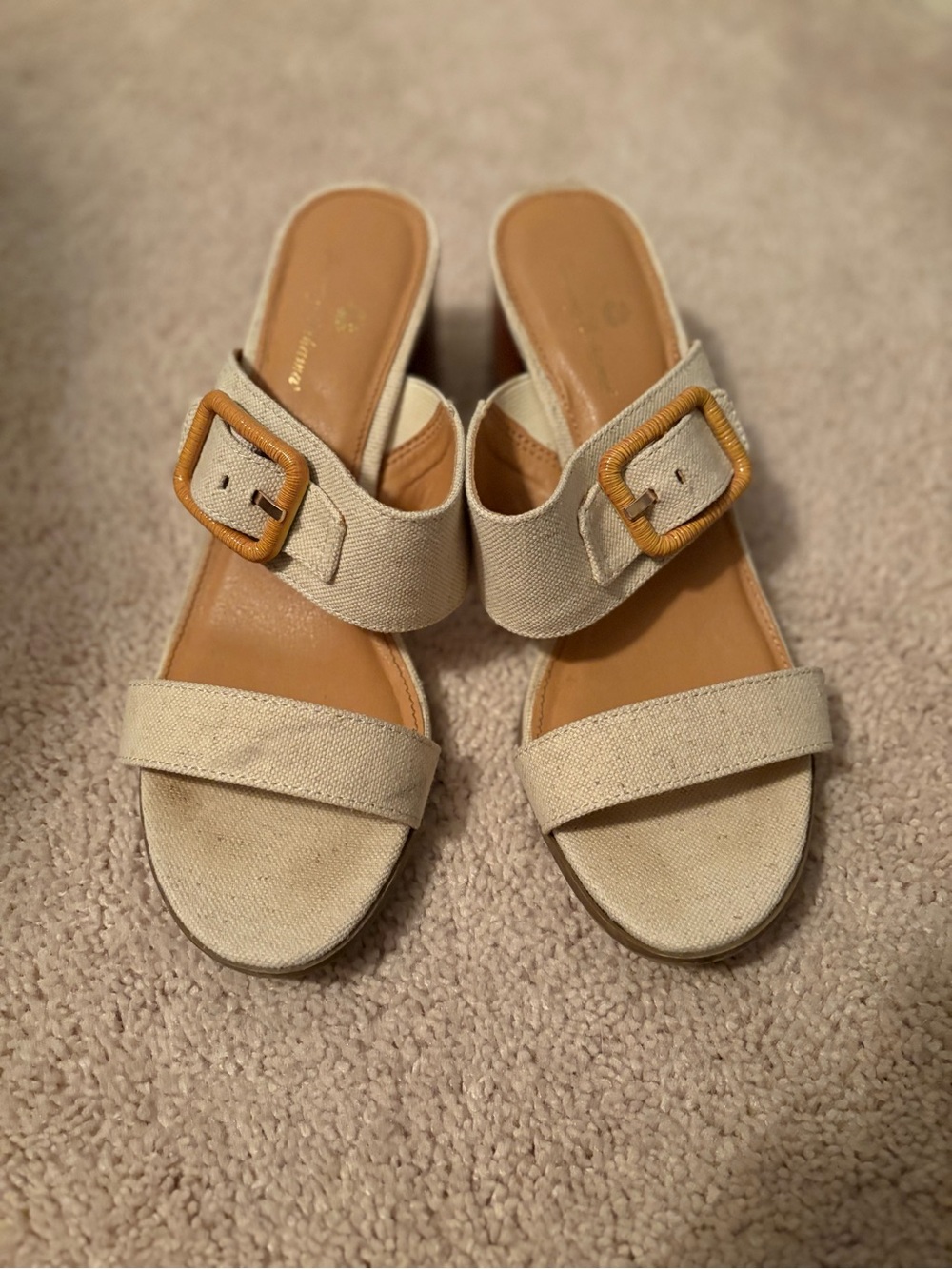 Tristan Beige Linen Slide Mules with Buckle Detail